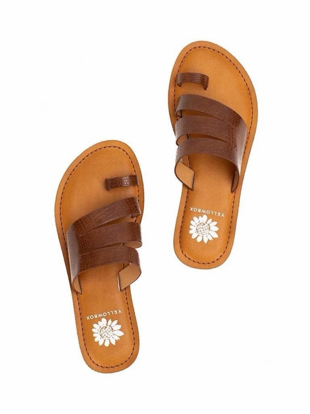 Yellow Box Cognac Brown Leather Triple-Strap Slide